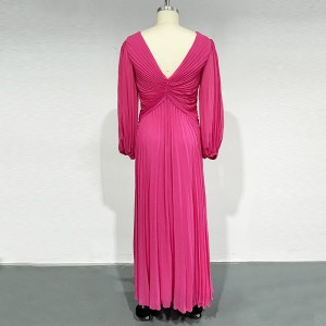 WOMEN’S CHIFFON PURE COLOR LONG-SLEEVED PLEATED LONG STYLE EVENING DRESS