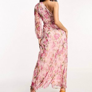 WOMEN’S SINGLE SLEEVE FLORAL LONG FASHION EVENING DRESS