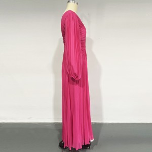 WOMEN’S CHIFFON PURE COLOR LONG-SLEEVED PLEATED LONG STYLE EVENING DRESS