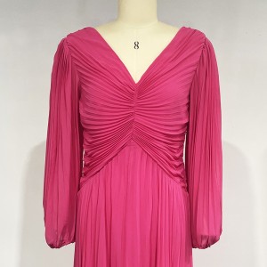 WOMEN’S CHIFFON PURE COLOR LONG-SLEEVED PLEATED LONG STYLE EVENING DRESS