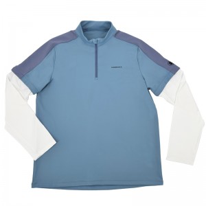 MEN’S SUMMER ELASTIC COMFORTABLE STAND UP COLLAR HALF ZIPPER GOLF SPORTS COLOR CONTRAST FAKE TWO PIECE LONG-SLEEVED T-SHIRT TOP