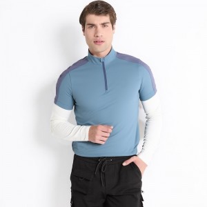 MEN’S SUMMER ELASTIC COMFORTABLE STAND UP COLLAR HALF ZIPPER GOLF SPORTS COLOR CONTRAST FAKE TWO PIECE LONG-SLEEVED T-SHIRT TOP