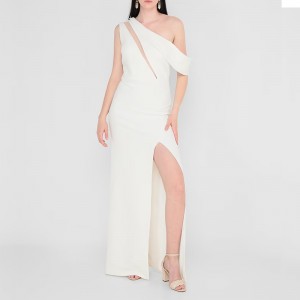 WOMEN’S ONE-SHOULDER LONG SPLIT FISH TAIL TEXTURE WHITE DRESS