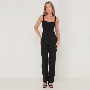 WOMEN’S BLACK FISHBONE SCULPTED WAIST SQUARE NECK HIGH WAIST HALTER SLEEVELESS ROMPER