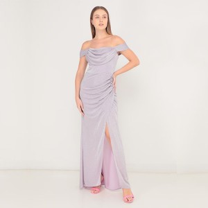 WOMEN’S PURPLE ONE-SHOULDER SLIT PLEATED EVENING GOWN LONG DRESS