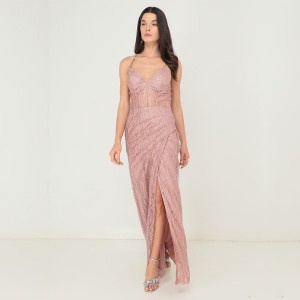 WOMEN’S SLEEVELESS HALTER BUN WITH HIP SEQUIN SLIT DRESS