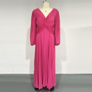 WOMEN’S CHIFFON PURE COLOR LONG-SLEEVED PLEATED LONG STYLE EVENING DRESS
