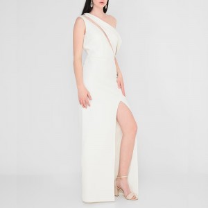 WOMEN’S ONE-SHOULDER LONG SPLIT FISH TAIL TEXTURE WHITE DRESS