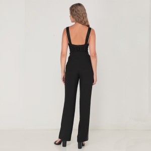 WOMEN’S BLACK FISHBONE SCULPTED WAIST SQUARE NECK HIGH WAIST HALTER SLEEVELESS ROMPER