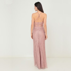 WOMEN’S SLEEVELESS HALTER BUN WITH HIP SEQUIN SLIT DRESS