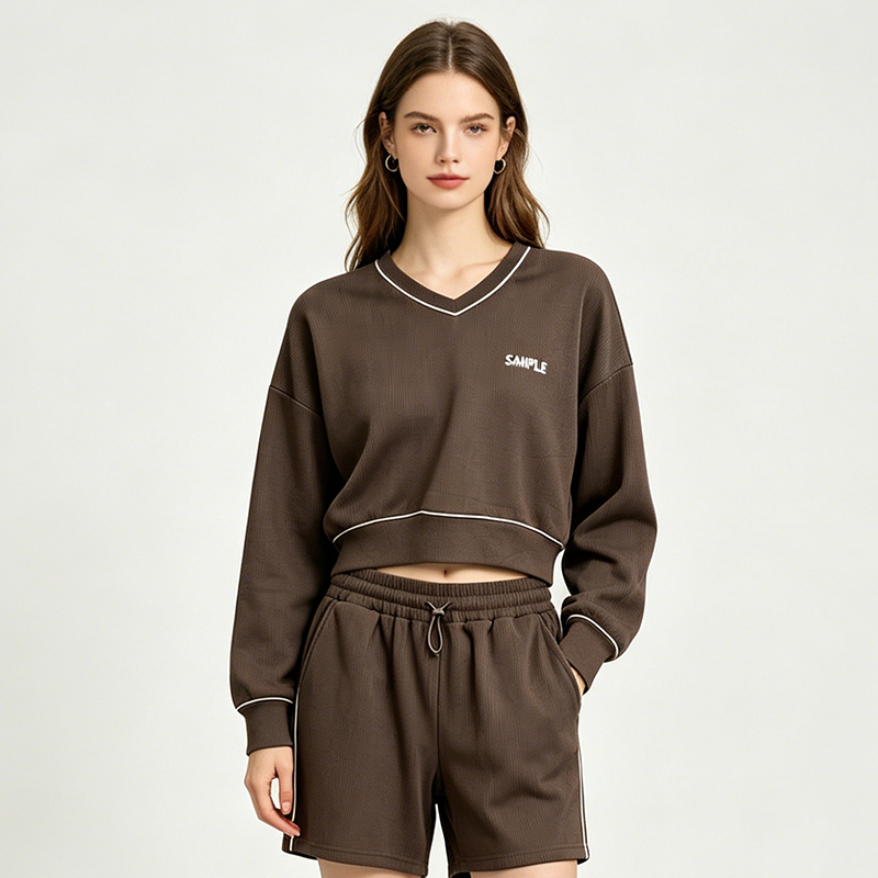 WOMEN’S KNITTED STRIPED V-NECK SPORTS SWEATSHIRT Featured Image