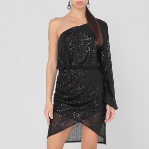 MINI SEQUINED ONE-SHOULDER SLEEVED PARTY DRESS