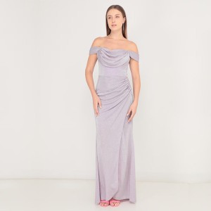 WOMEN’S PURPLE ONE-SHOULDER SLIT PLEATED EVENING GOWN LONG DRESS