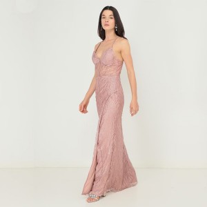 WOMEN’S SLEEVELESS HALTER BUN WITH HIP SEQUIN SLIT DRESS