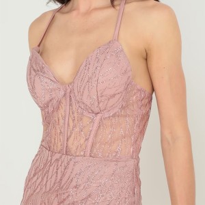 WOMEN’S SLEEVELESS HALTER BUN WITH HIP SEQUIN SLIT DRESS