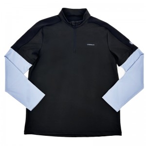 MEN’S SUMMER ELASTIC COMFORTABLE STAND UP COLLAR HALF ZIPPER GOLF SPORTS COLOR CONTRAST FAKE TWO PIECE LONG-SLEEVED T-SHIRT TOP